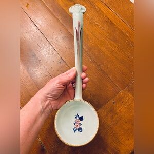 VTG Ladle Aqua Blue Ceramic Gold Trim Hand-painted Flowers for Soup Tureen Large
